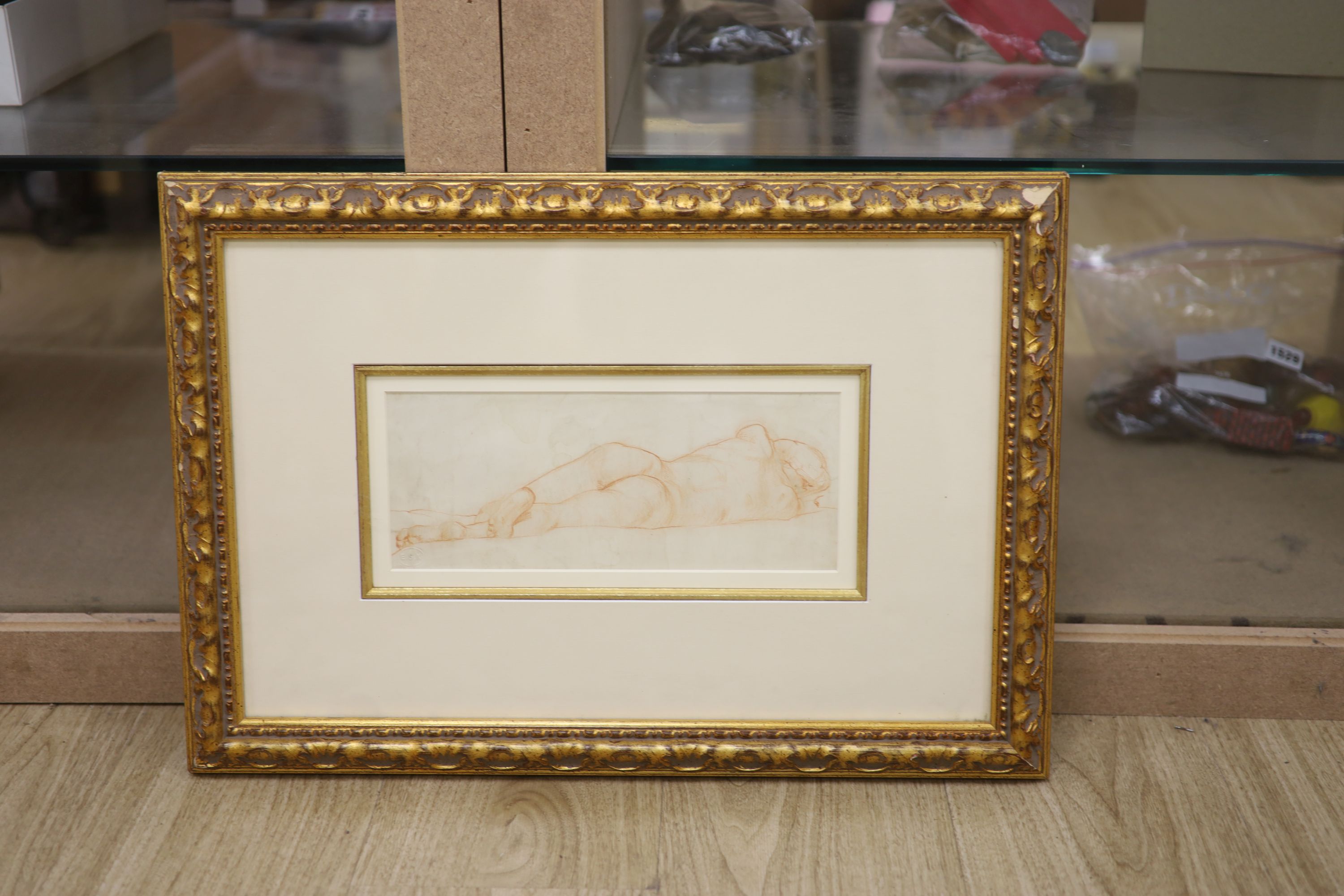 Trevor James, red chalk, Reclining nude, ESK stamp, 11 x 28cm